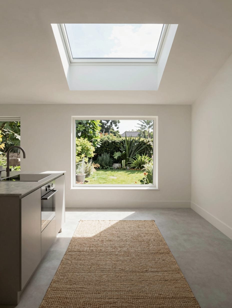 Kitchen with large windows letting in abundant natural light, sheer curtains.