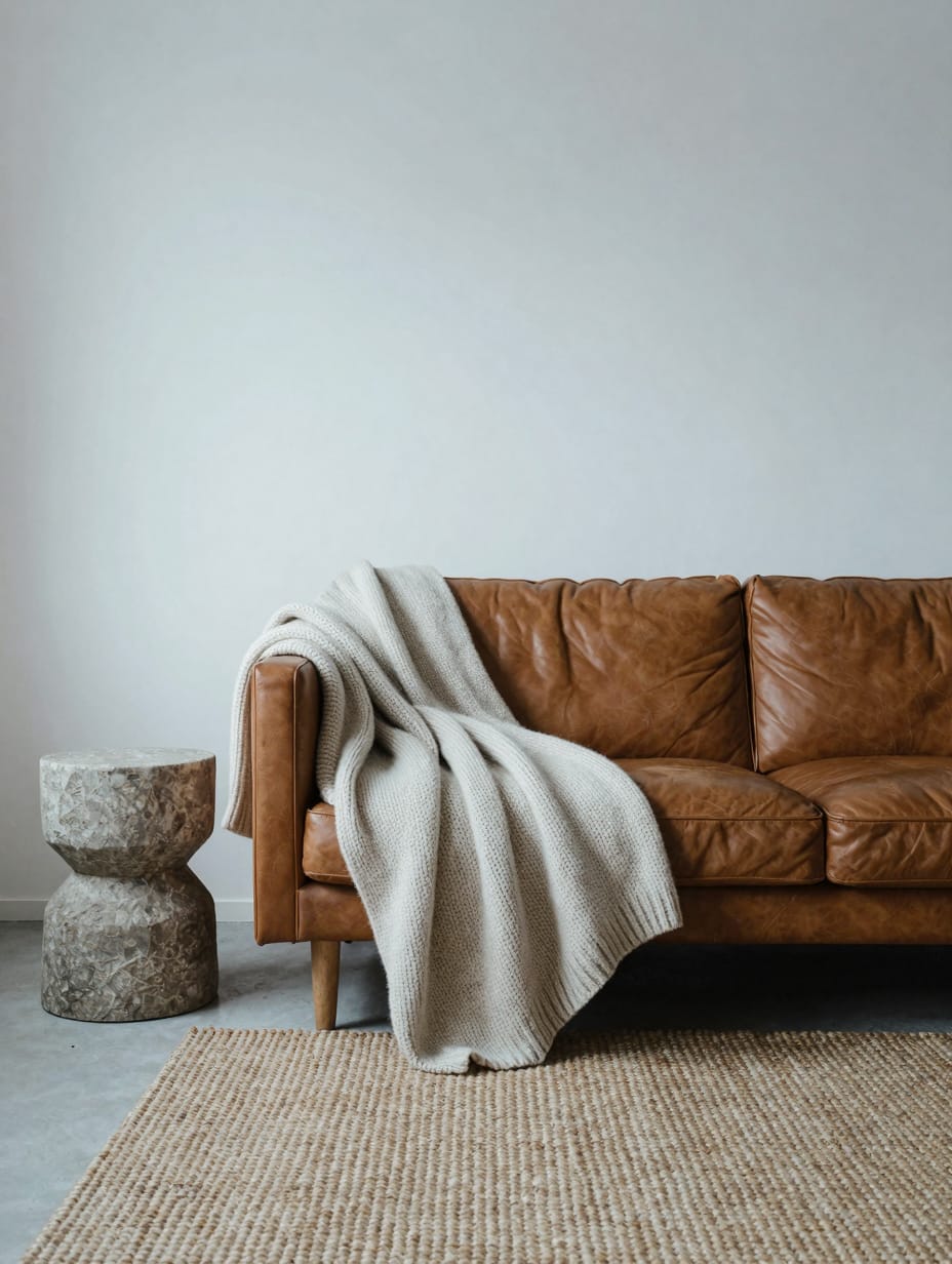 Various textures like wool, leather, and stone layered in a modern living room.