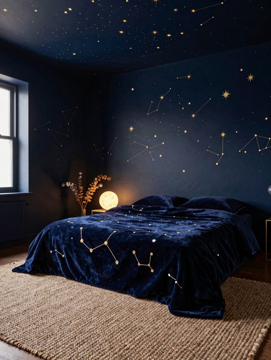 A maximalist bedroom featuring dark walls with a midnight starscape pattern, extended onto bedding for a cosmic feel.