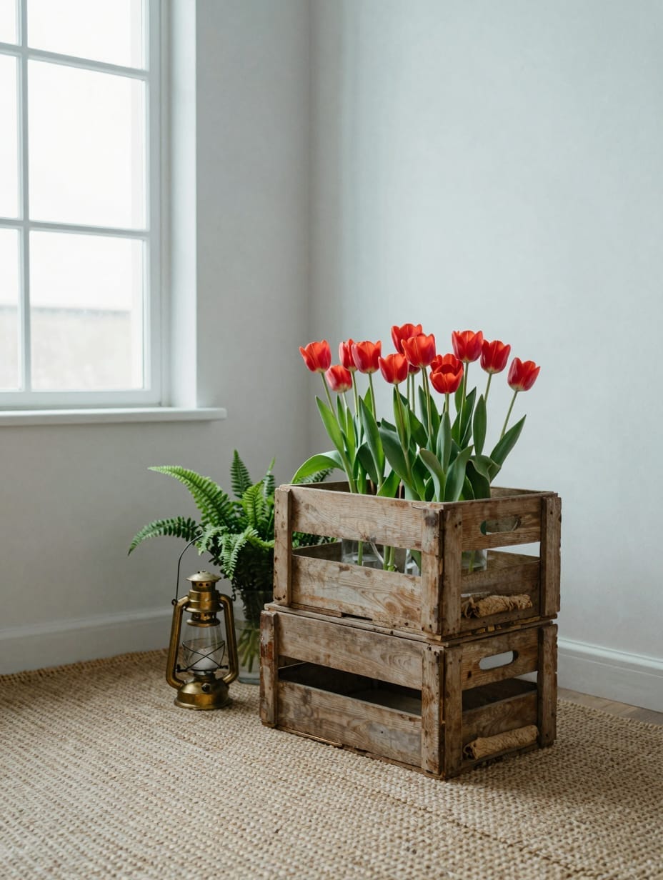Vintage wooden crate repurposed as a porch planter filled with small flowers.