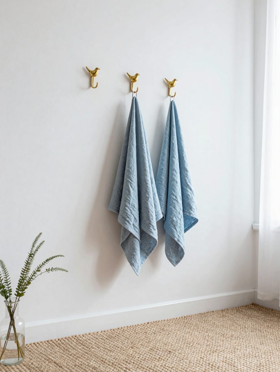 Two decorative brass bird-shaped hooks mounted on a white powder room wall.