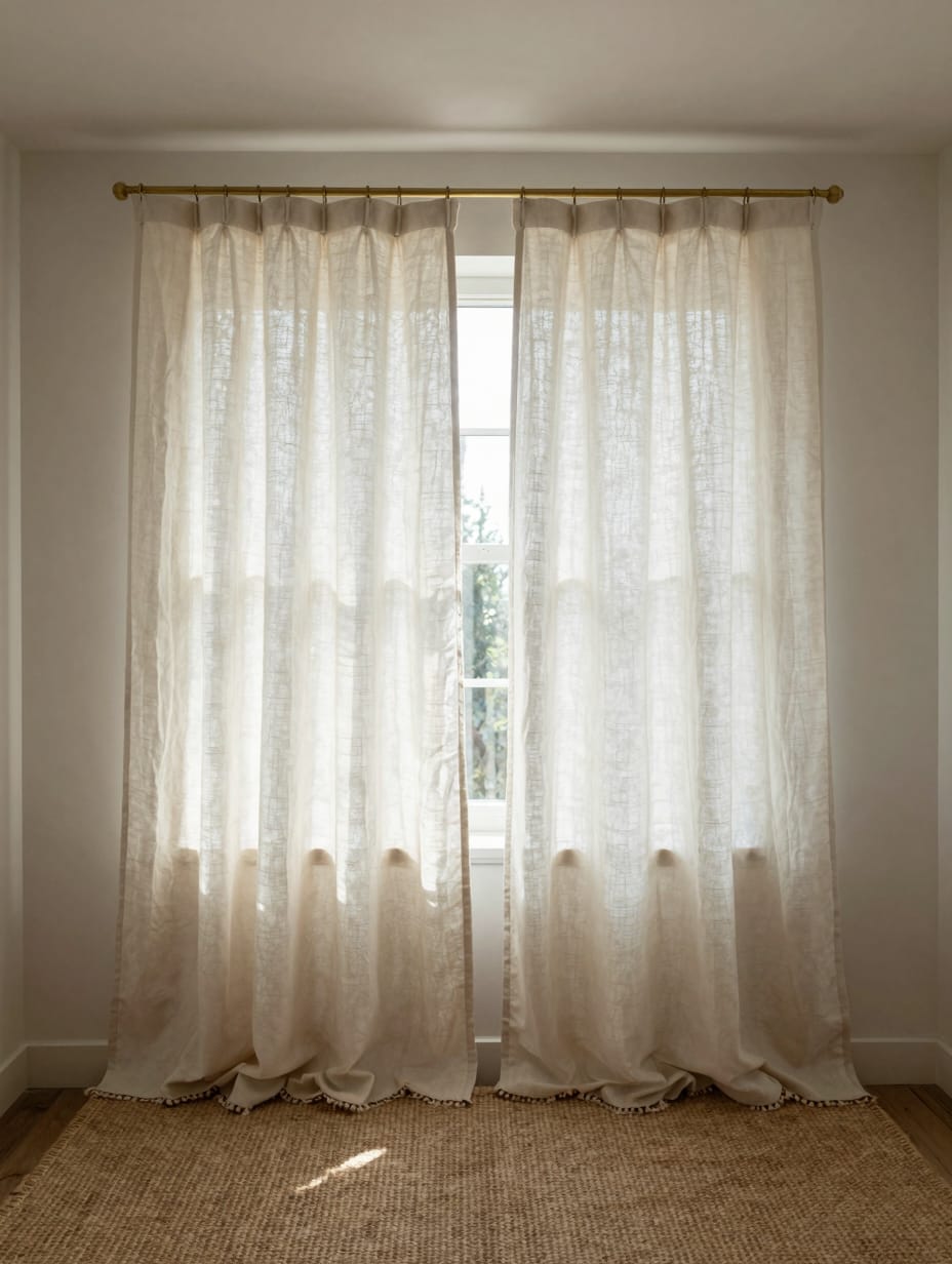 Light beige linen cafe curtains on a small window with a simple brass curtain rod.