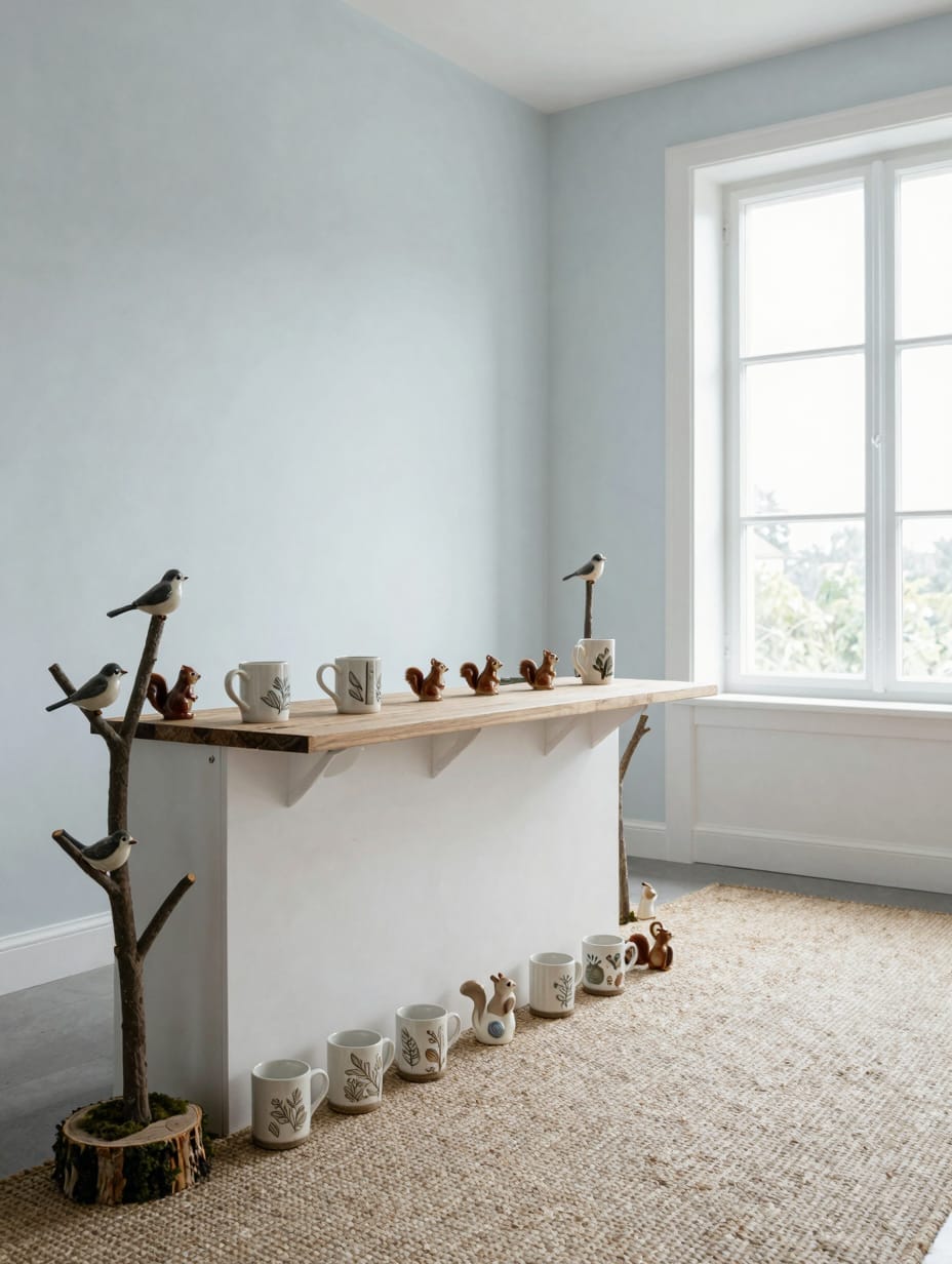 An enchanted forest spring coffee bar with a small faux bird's nest, a mug with a delicate leaf pattern, and tiny decorati...