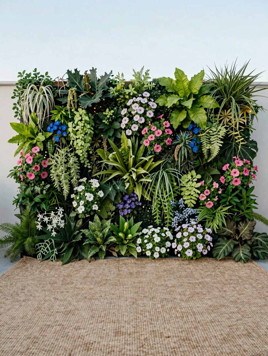 A lush vertical living wall filled with various green plants and small flowers, decorating an outdoor patio.