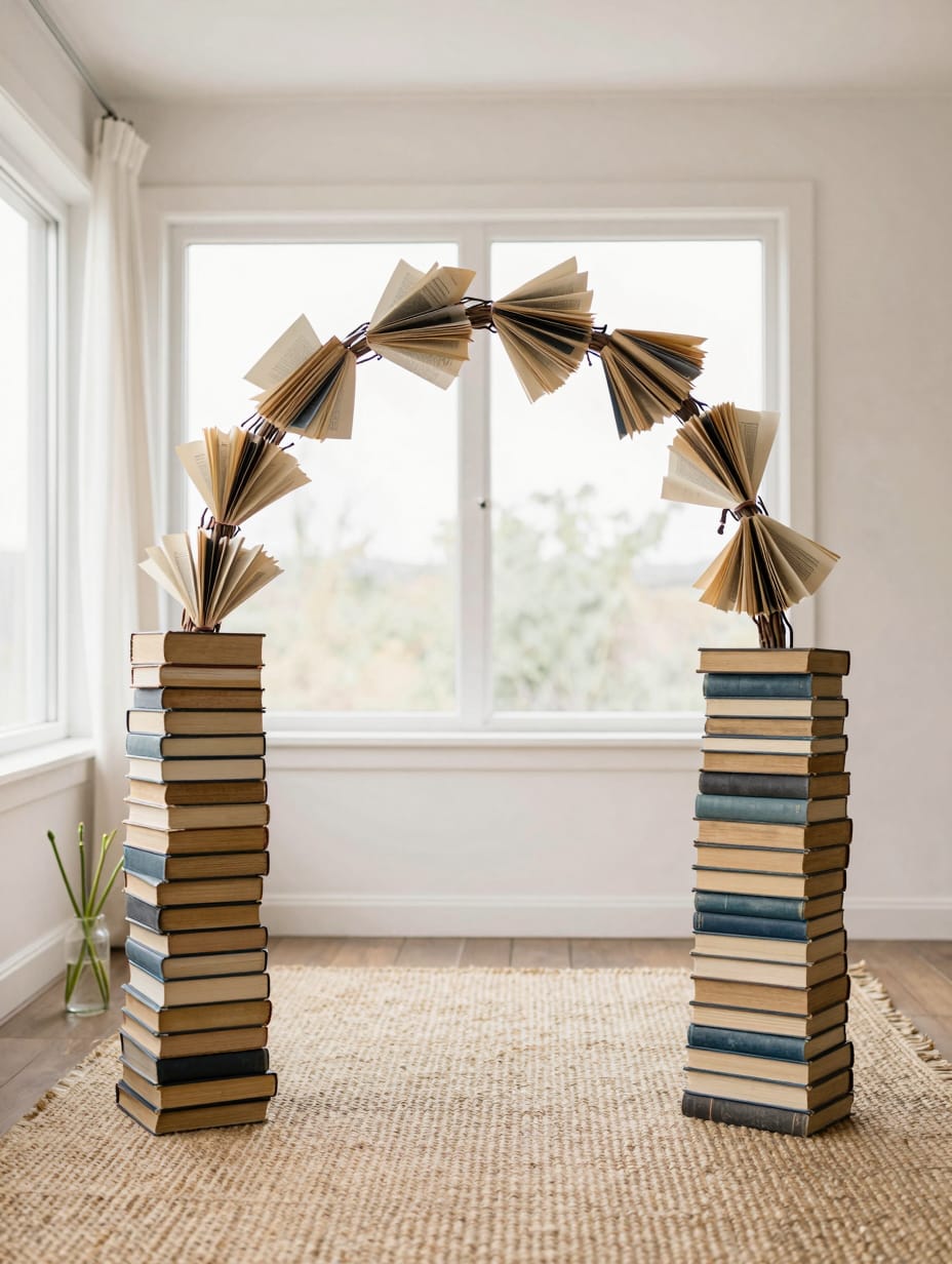 Columns made of stacked vintage books supporting a wooden top beam.