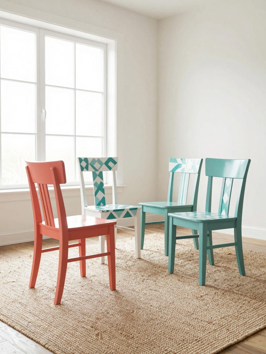 Wooden dining chairs painted with playful geometric patterns like stripes and chevrons on their backs and seats.