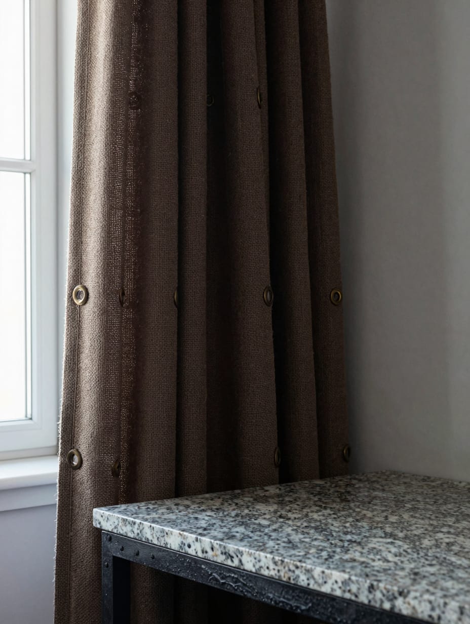 Kitchen window with industrial style burlap curtains featuring metal grommets, urban aesthetic.