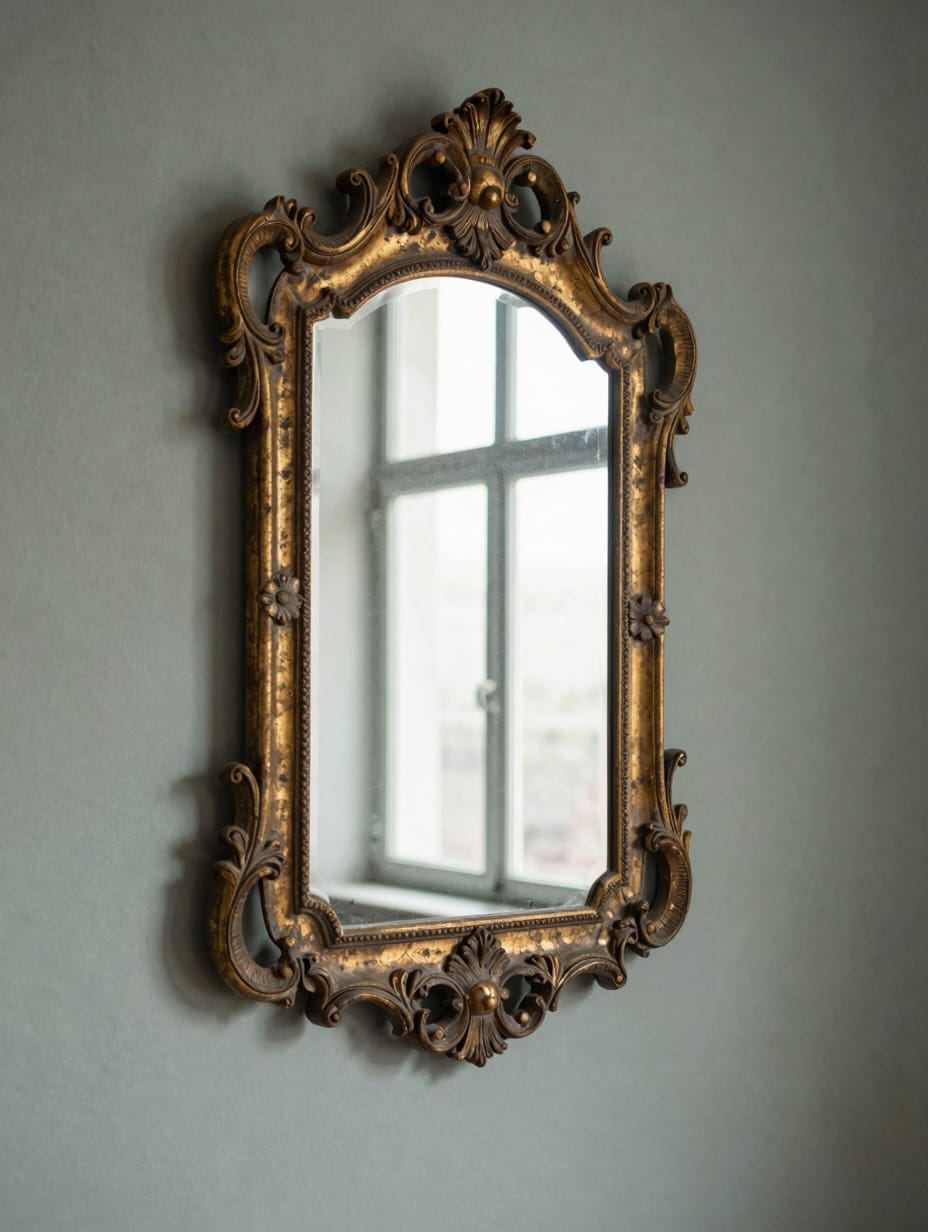 An ornate antique gold mirror with decorative carvings on a bathroom wall.