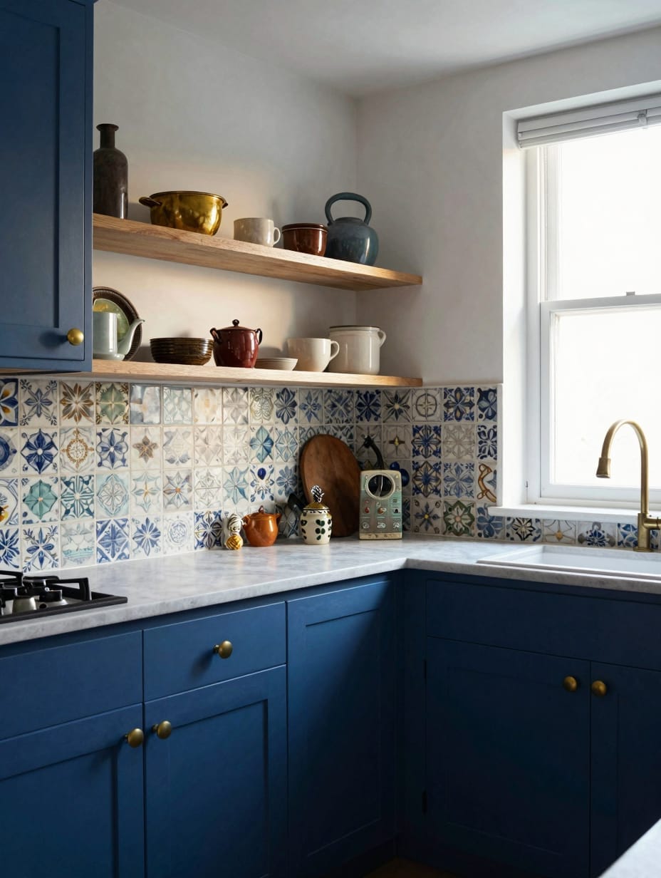 Eclectic kitchen design featuring vibrant indigo blue cabinets and mixed patterns.