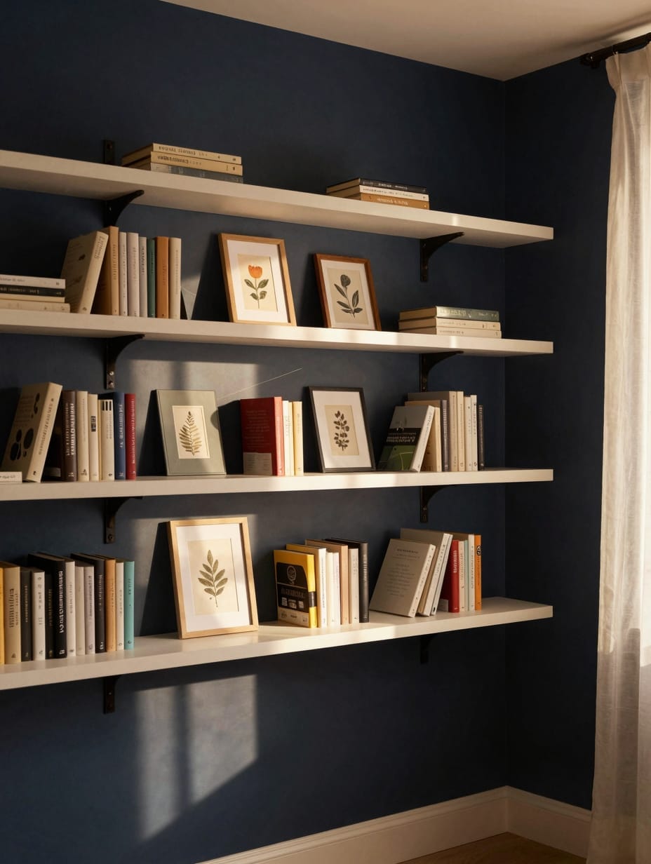 Wall with several picture ledge shelves displaying books face-out, creating a gallery-style literary wall.