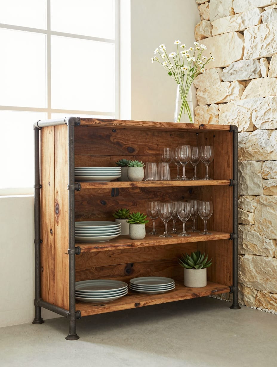 Industrial style shelves made of dark metal pipes and thick reclaimed wood planks.