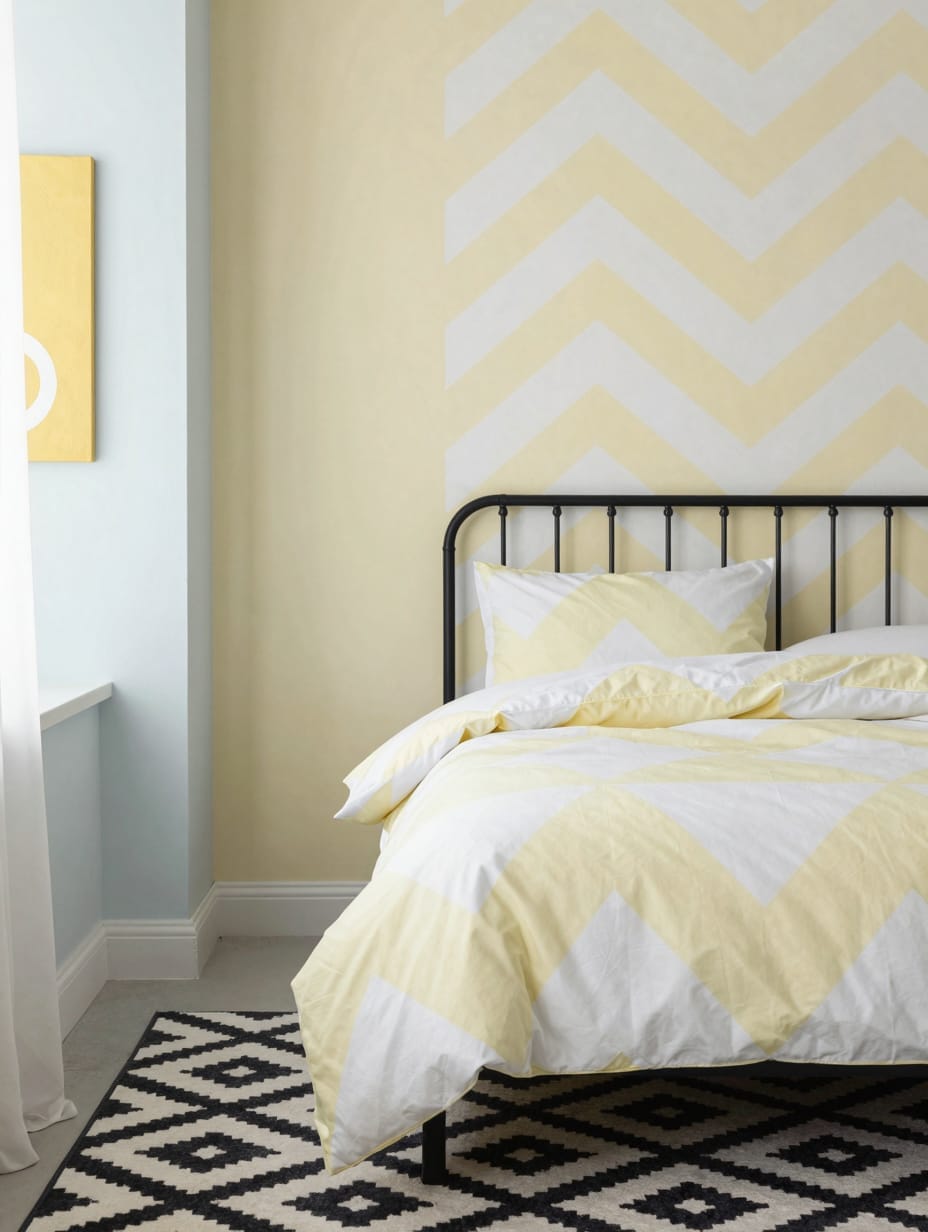 A bedroom featuring a butter yellow rug or pillows with a geometric pattern.