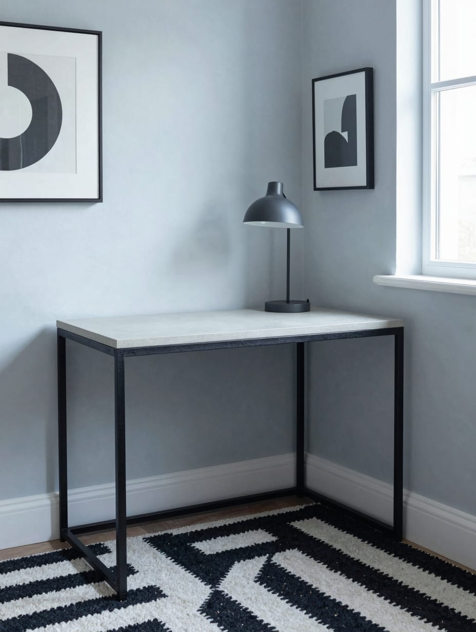 Modern corner desk with geometric design, clean lines, and contemporary decor.
