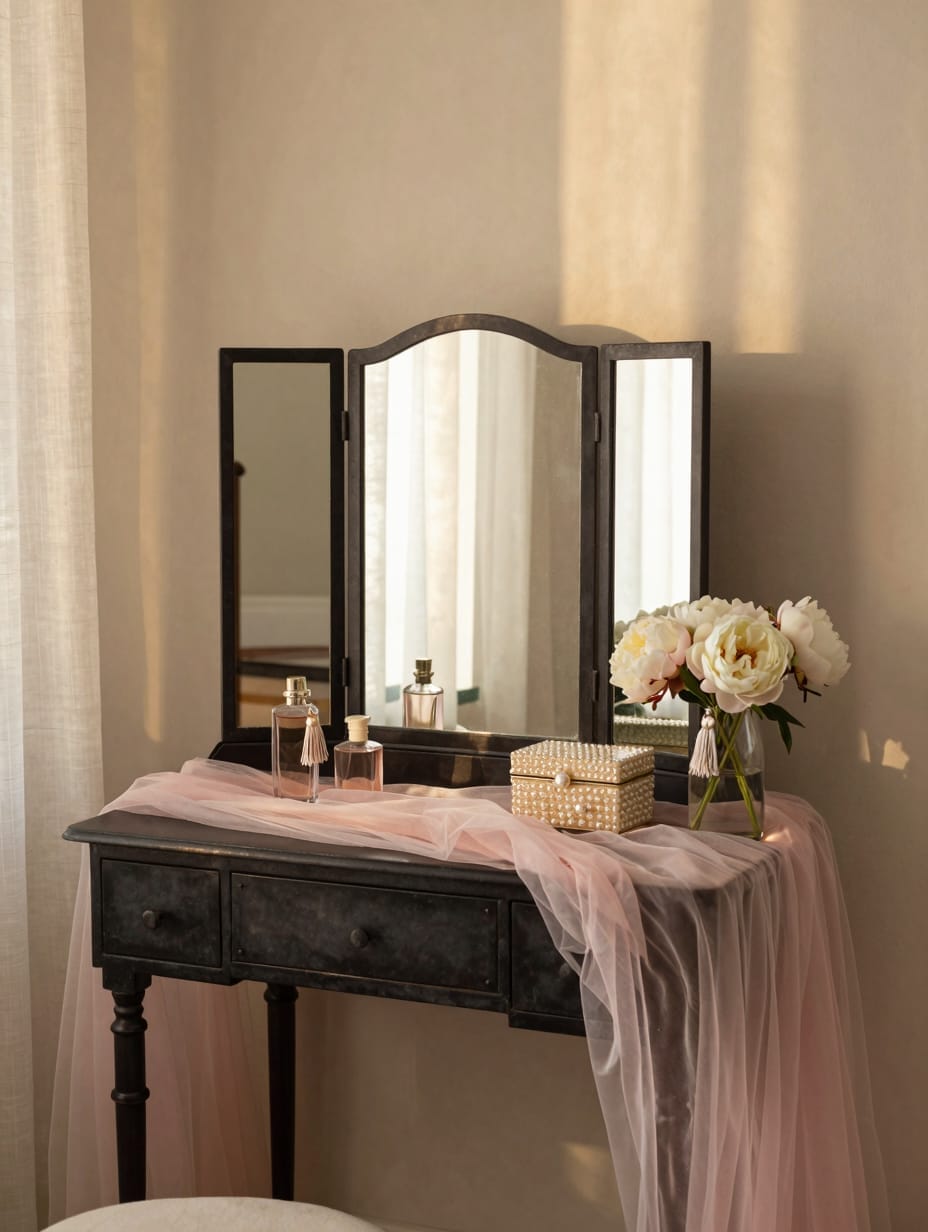 White vanity table adorned with soft layers of light pink tulle draping.