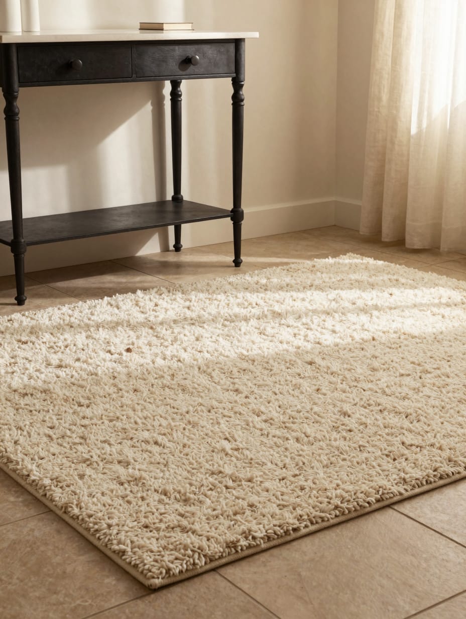 Thick, soft cream-colored bath rug on a tiled bathroom floor next to a tub.