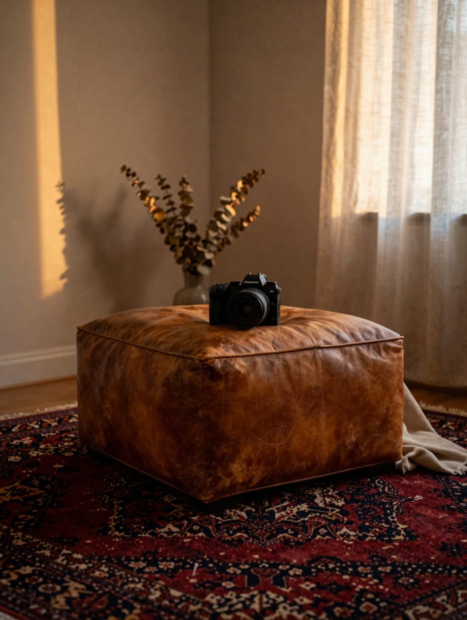 Distressed tan leather armchair sitting on a colorful vintage Persian rug in a dark room.