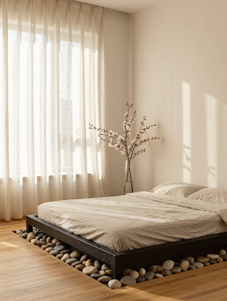 Low platform bed and bamboo mat in a minimalist earthy bedroom setting.
