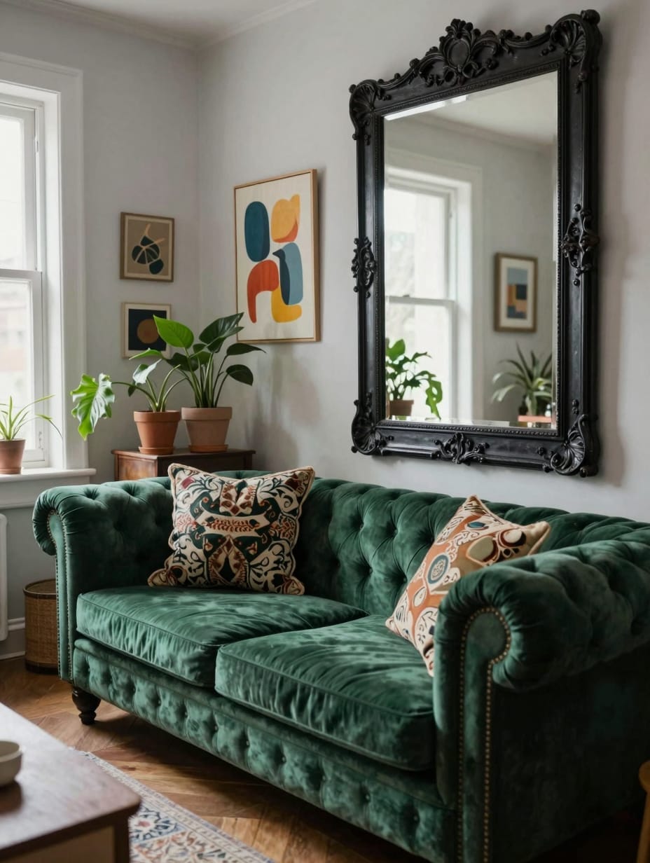 Rich, maximalist eclectic living room filled with purposeful decor and lush textures.