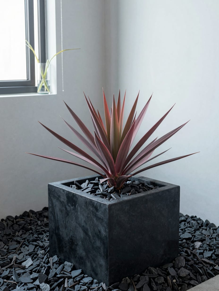 Modern rectangular flower bed with steel edging and bright red flowers in a minimalist lawn.