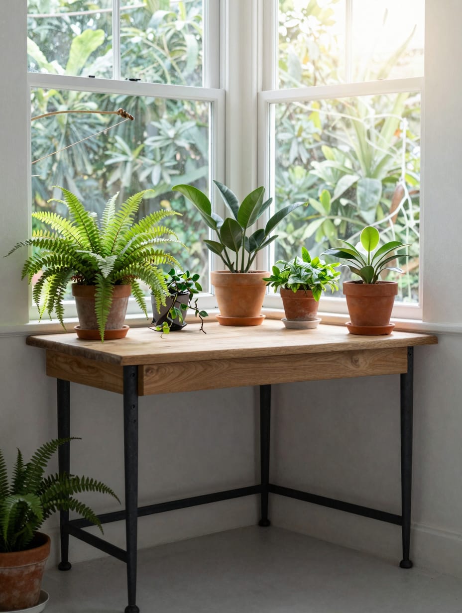 Bright corner desk situated by a large window, surrounded by lush green plants and natural light.