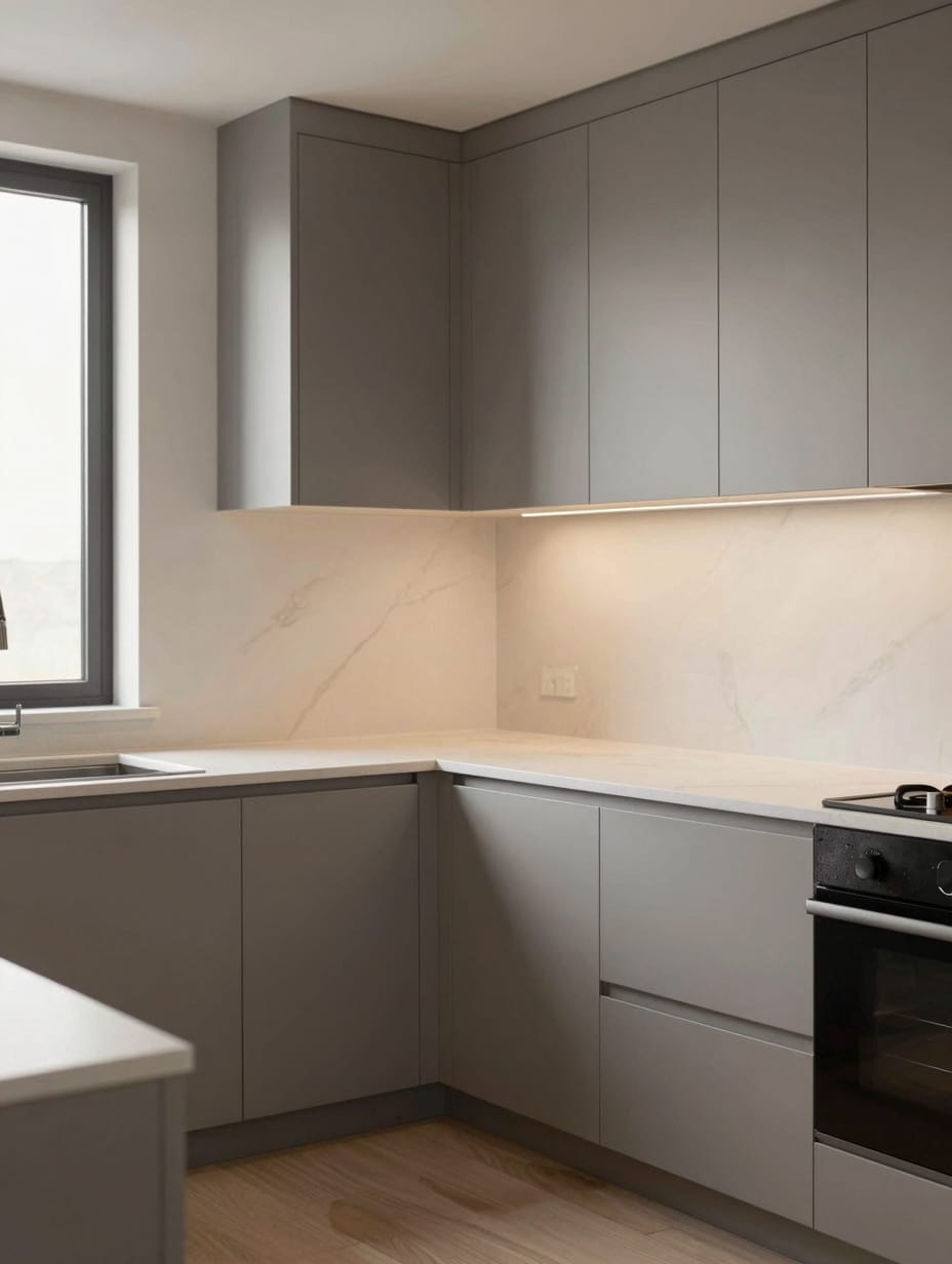 Transitional kitchen with warm gray cabinets and a white quartz countertop