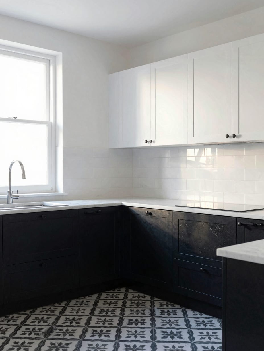 A kitchen with black upper cabinets and white lower cabinets, featuring a black and white checkered floor.