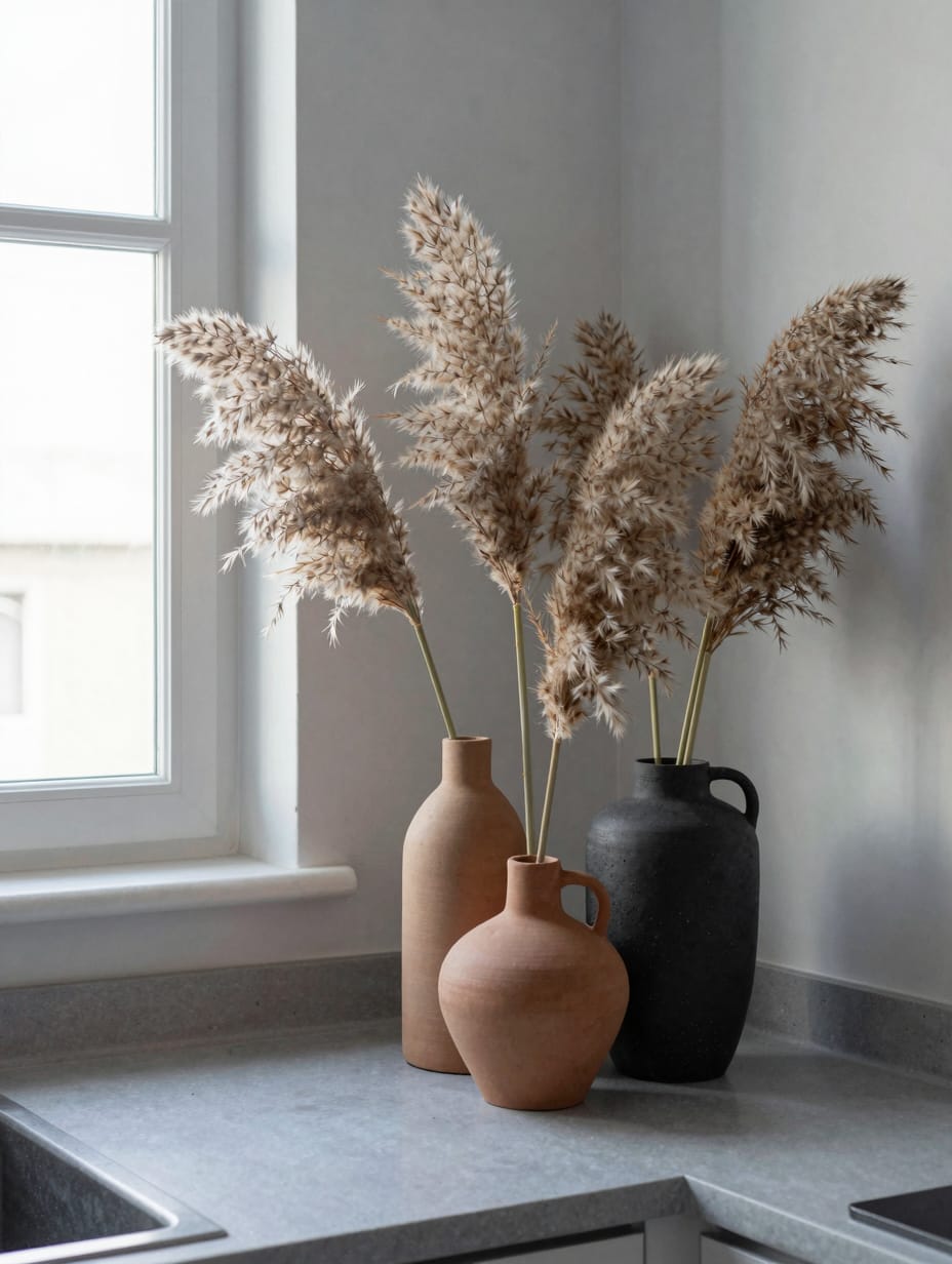 Terracotta ceramic vases with dried pampas grass on a neutral kitchen island.