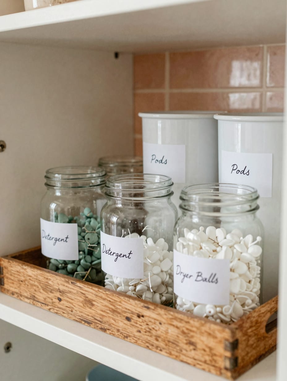 A beautifully organized laundry room cabinet with clear jars and stylish DIY labels for detergents and supplies.