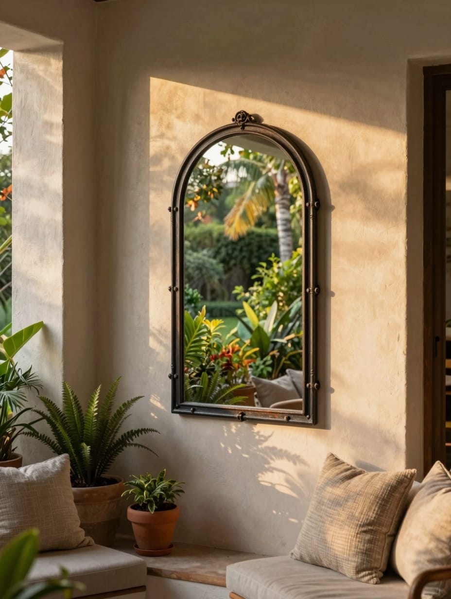 Indoor space with a mirror reflecting an outdoor garden view
