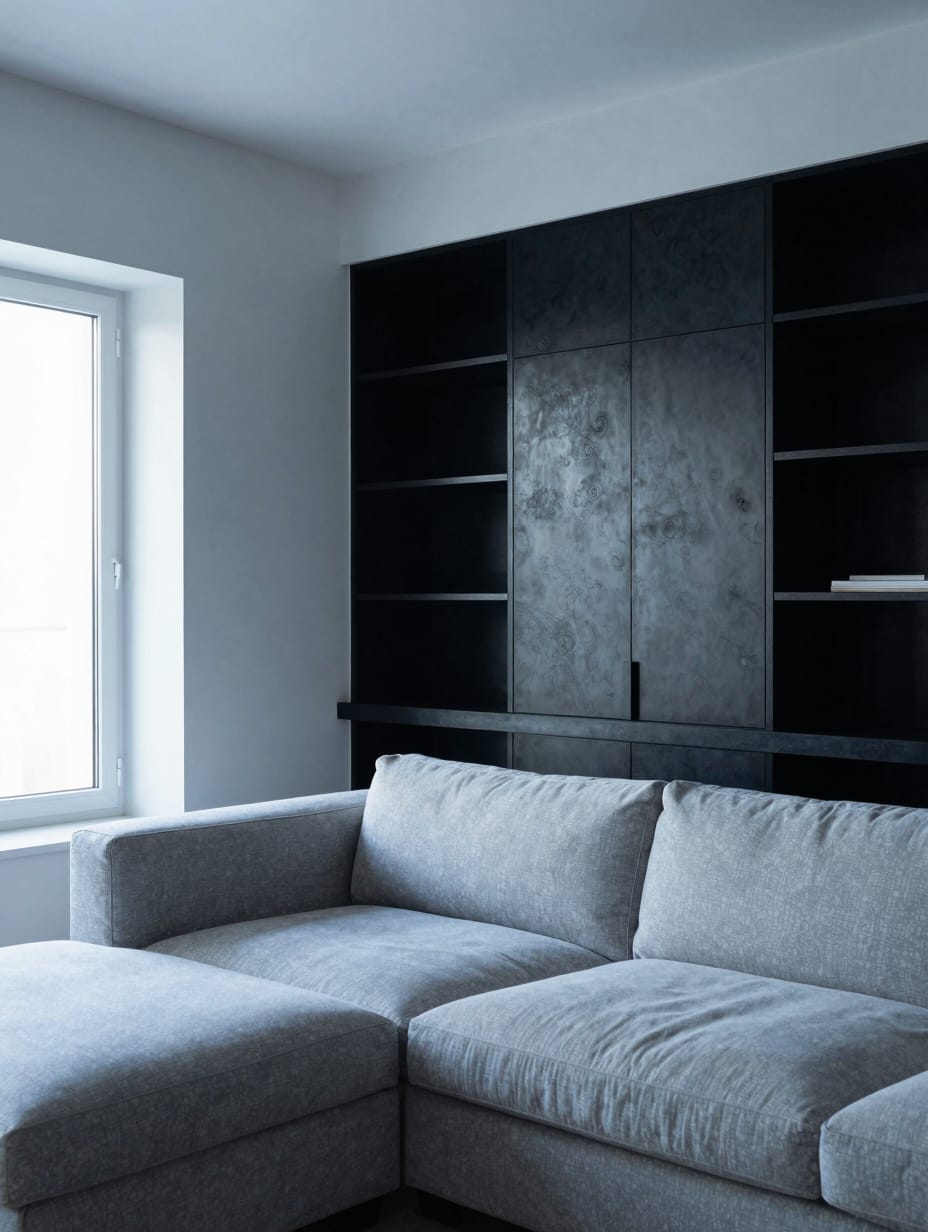 A modern minimalist living room designed for clutter-free living, featuring integrated storage solutions like built-in she...