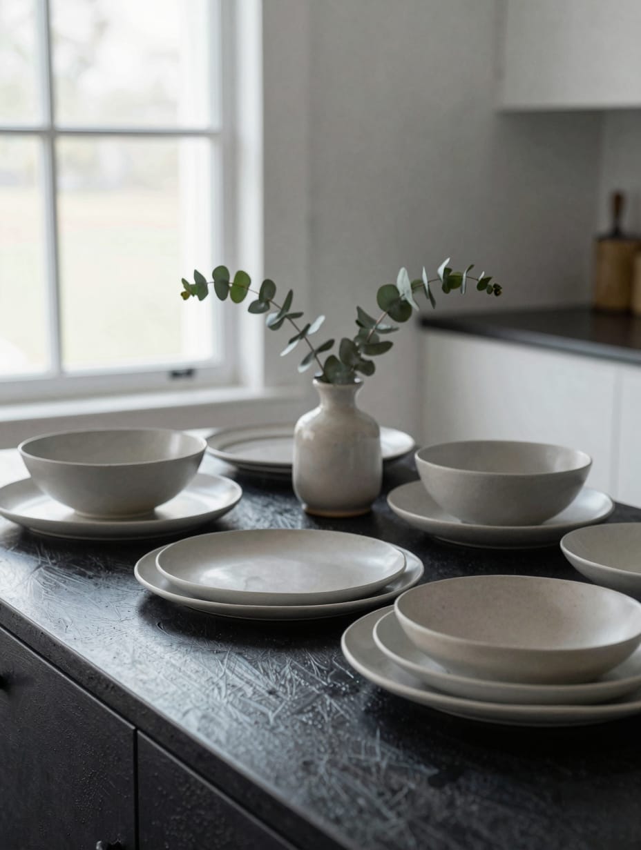 Kitchen island with a minimalist tabletop centerpiece made of a sculpted piece of driftwood.