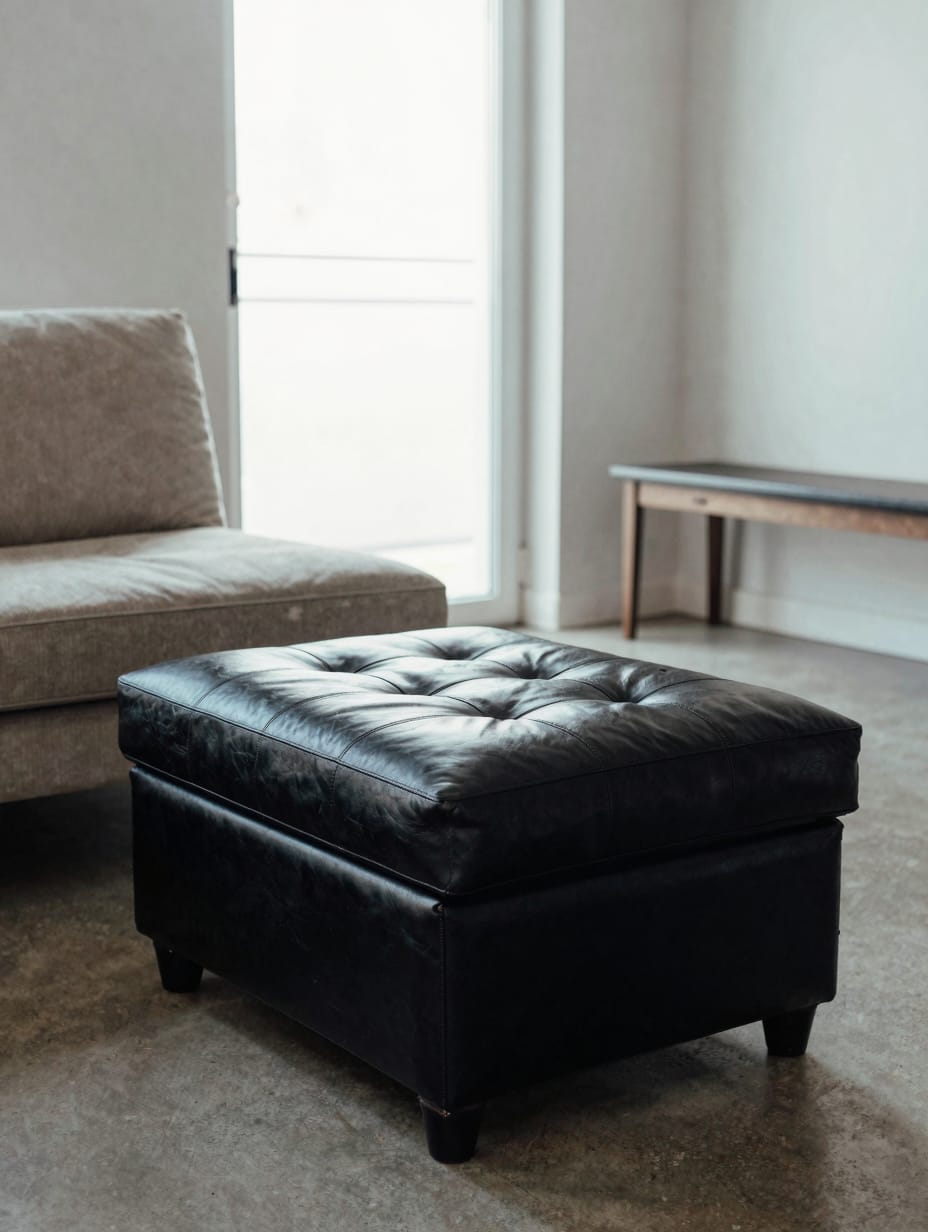 Large tufted navy ottoman serving as a coffee table in an open concept lounge.