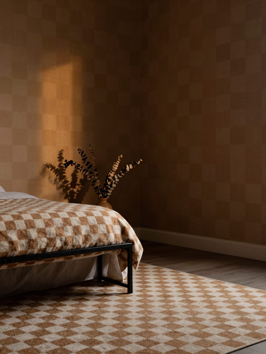 A modern bedroom featuring a chic camel-toned checkerboard pattern on an accent wall, bedding, and a floor rug.