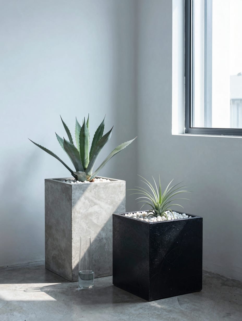 White geometric porch planter with a tall green snake plant on a modern porch.