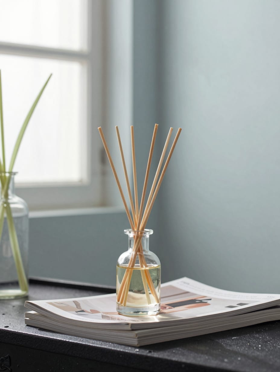 A stylish reed diffuser with natural reeds in a glass bottle on a powder room shelf.