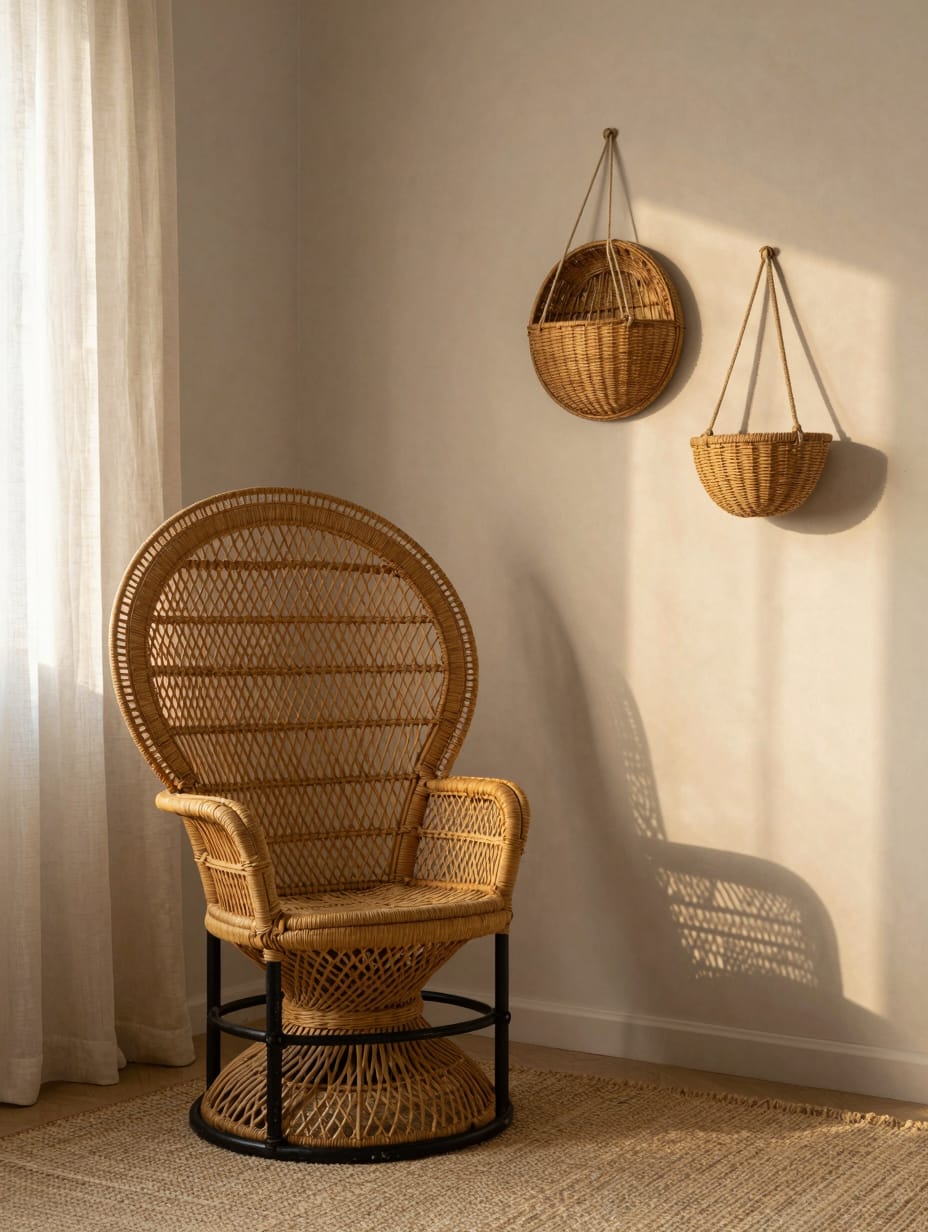 Rattan headboard and seagrass rug in a brightly lit bedroom.