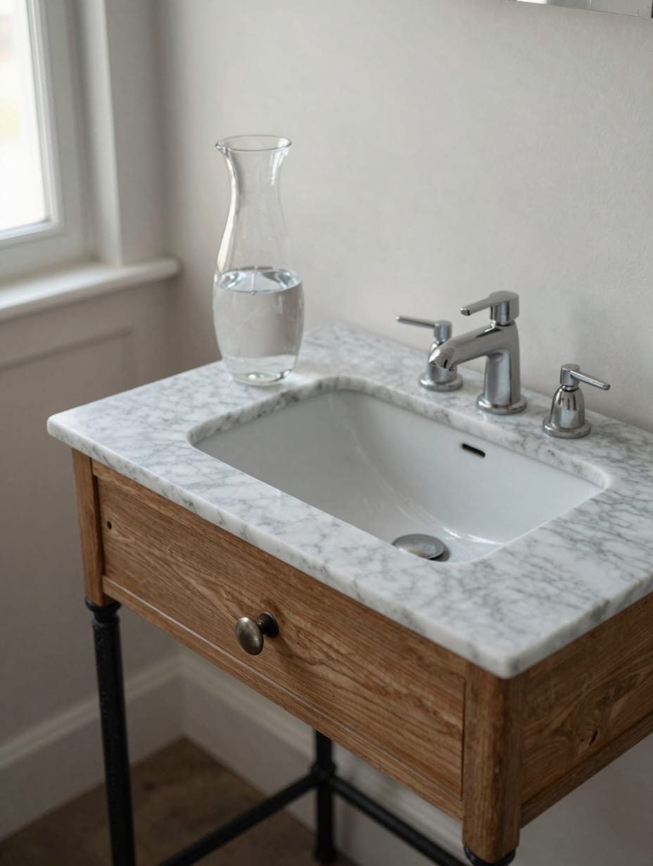 White marble washstand top with grey veining and a built-in porcelain sink basin.