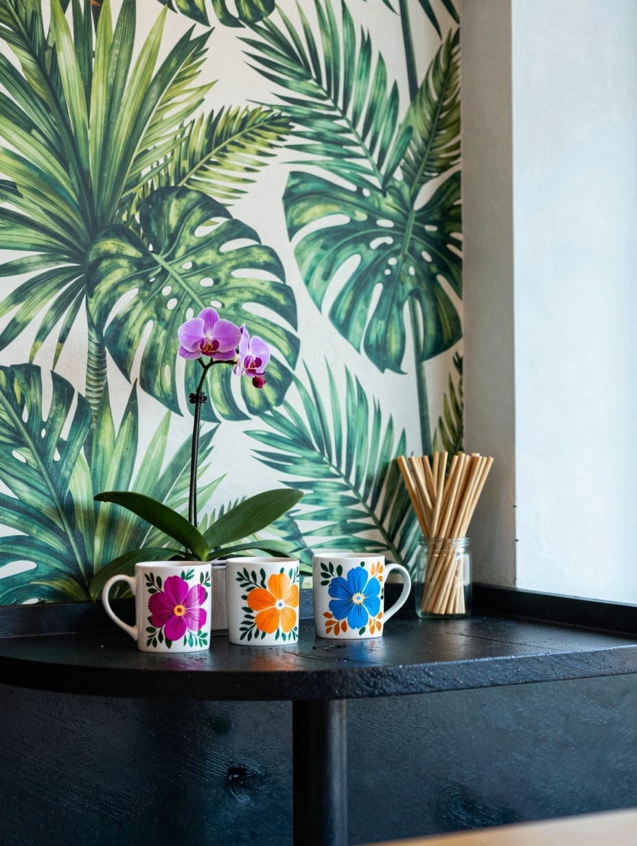 A tropical spring coffee bar with a vibrant potted monstera plant, a hibiscus-patterned mug, and colorful accents on a bri...