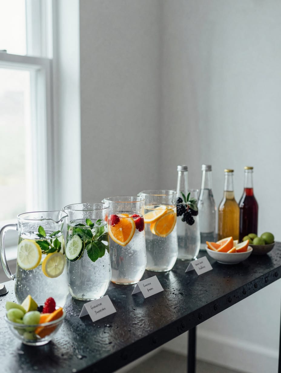 A colorful infused water and spritzer bar featuring glass dispensers with fruit and herb-infused drinks.