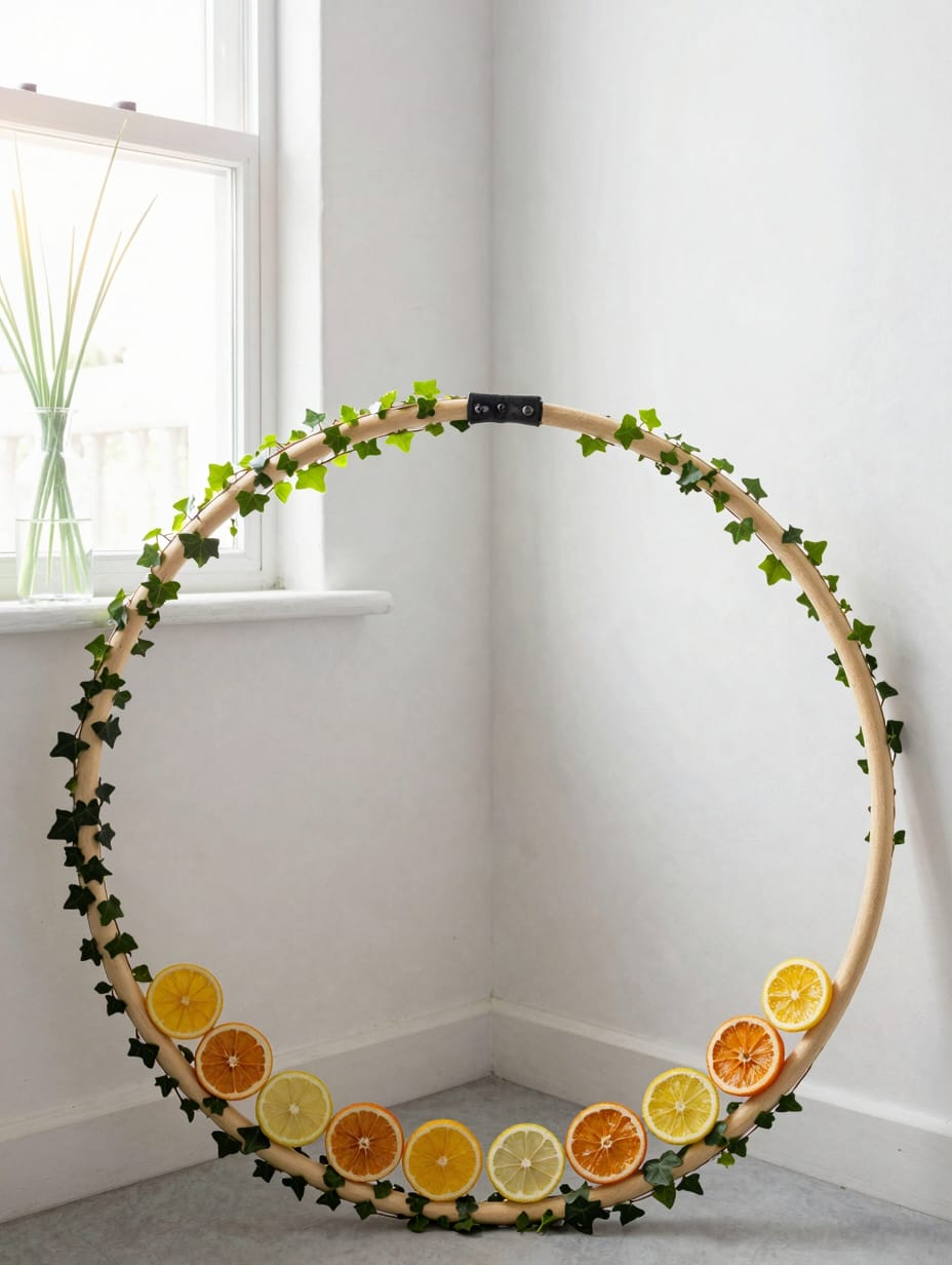 Large circular hoop decorated with green leaves and dried orange slices.