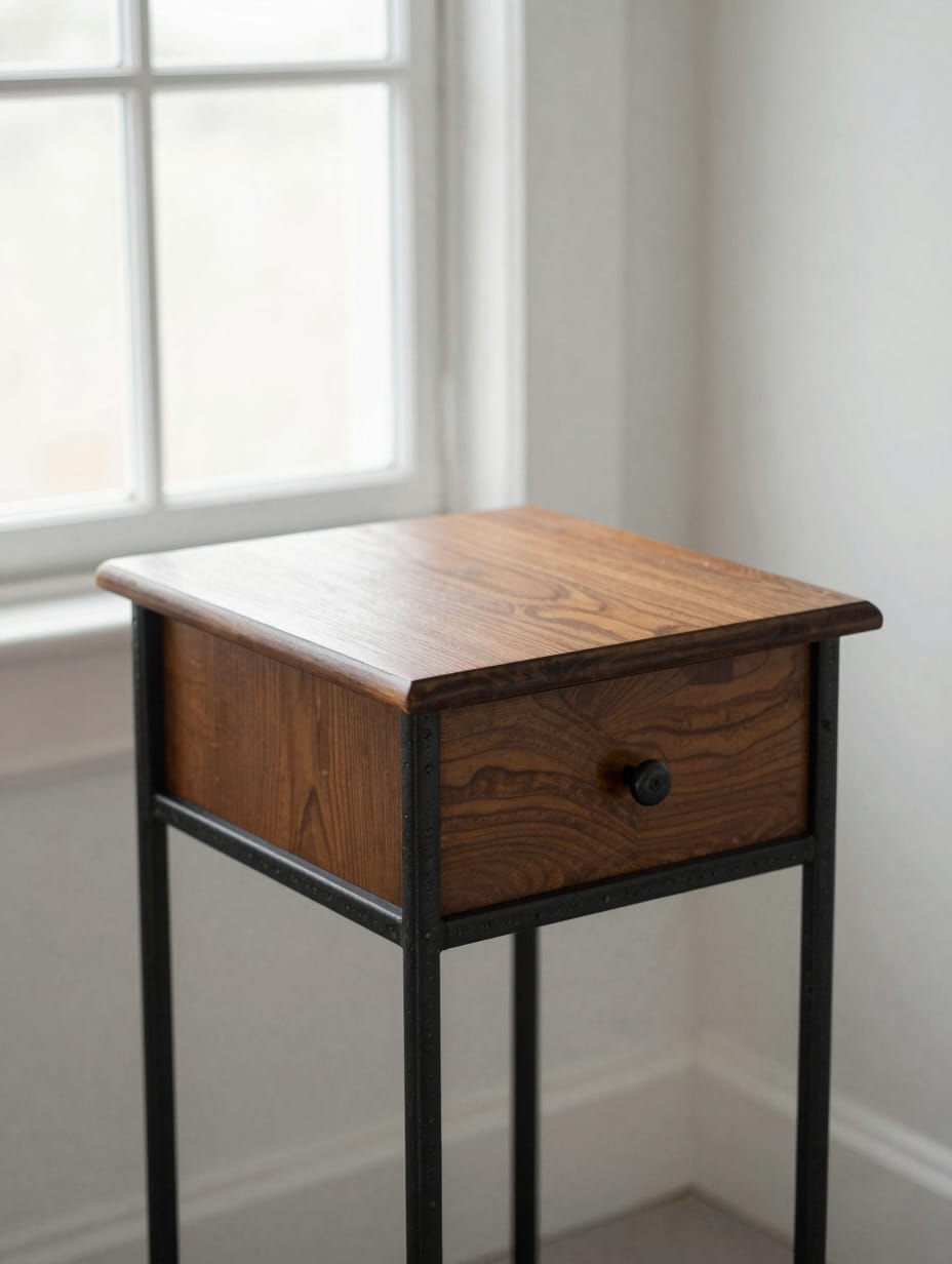 A wooden table painted with a faux bois technique to mimic rustic wood grain texture.