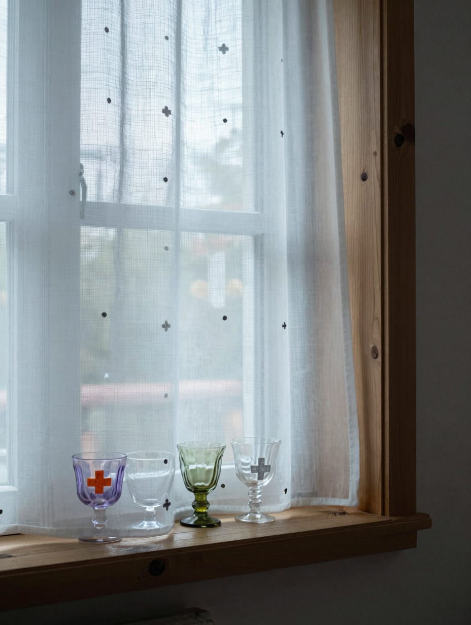 Kitchen window with whimsical white sheer curtains featuring small, playful polka dots.