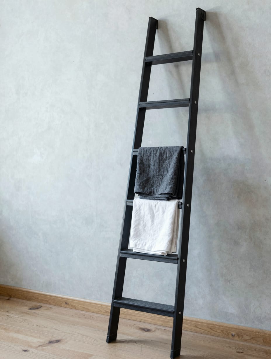 A matte black metal towel ladder leaning against a marble bathroom wall with white towels.