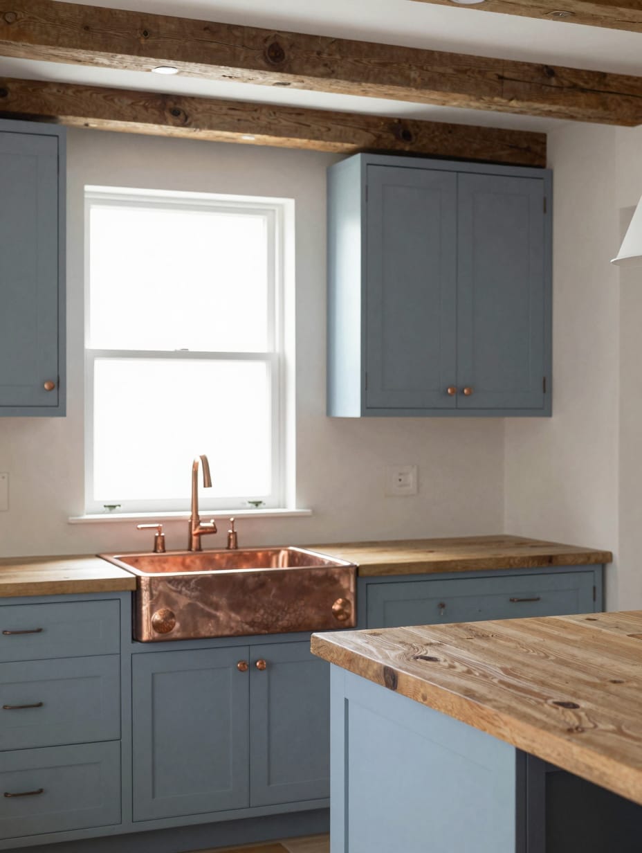 Country style kitchen with soft country blue cabinets and warm copper accents.