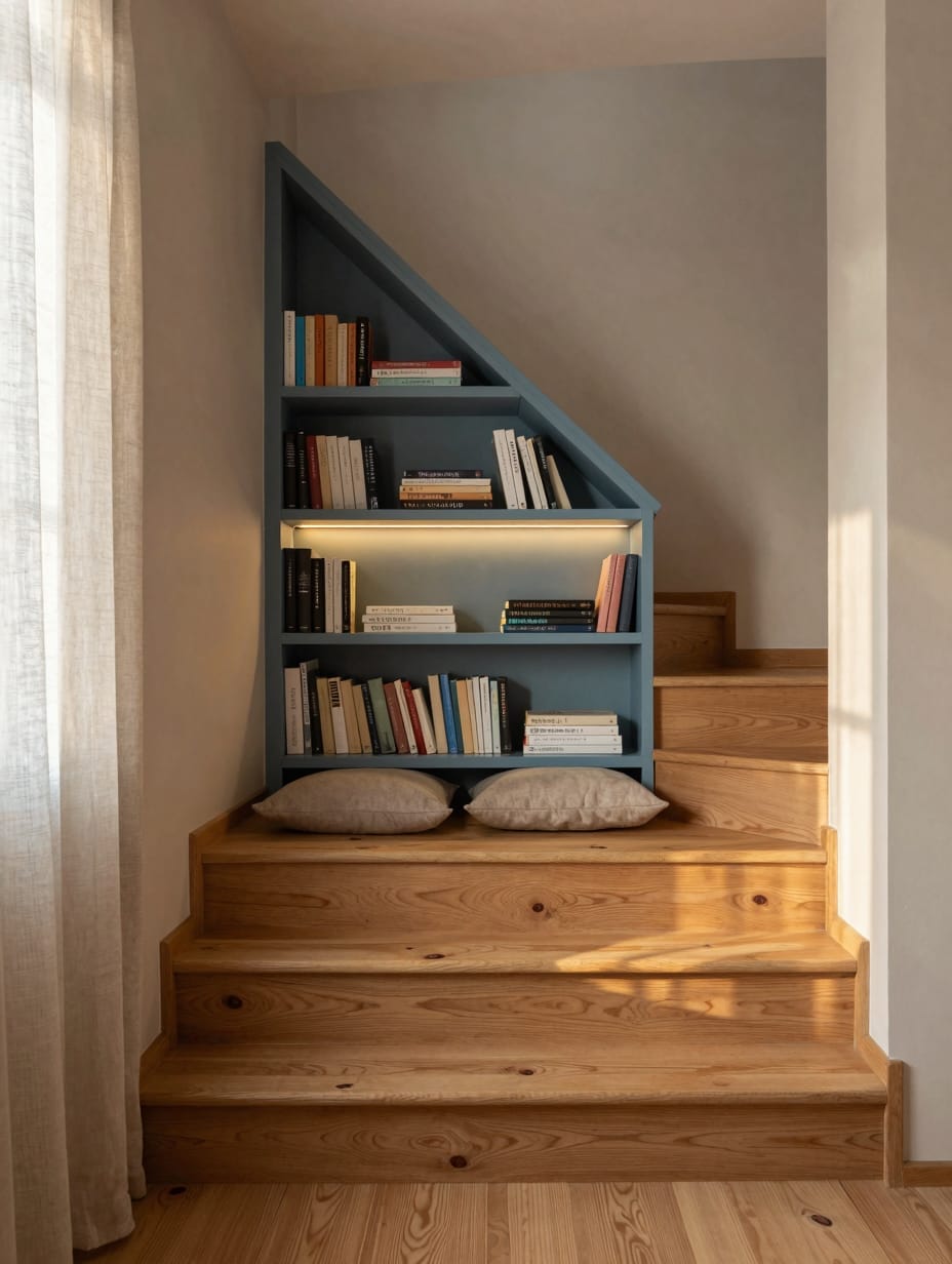 Built-in bookshelf integrated into the space under a staircase, filled with books and decorative items.