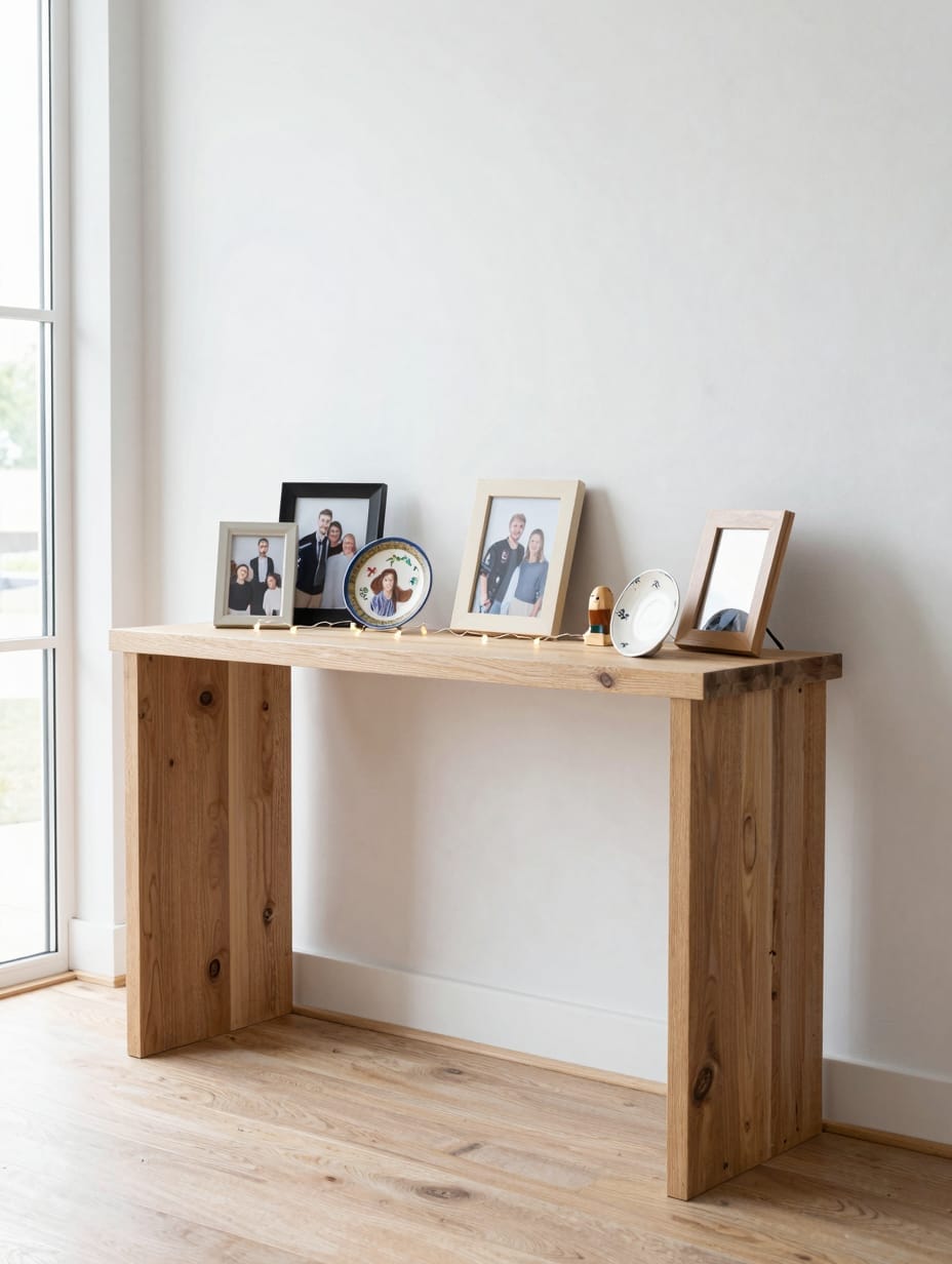 Framed black and white personal photographs arranged neatly on a wooden shelf.