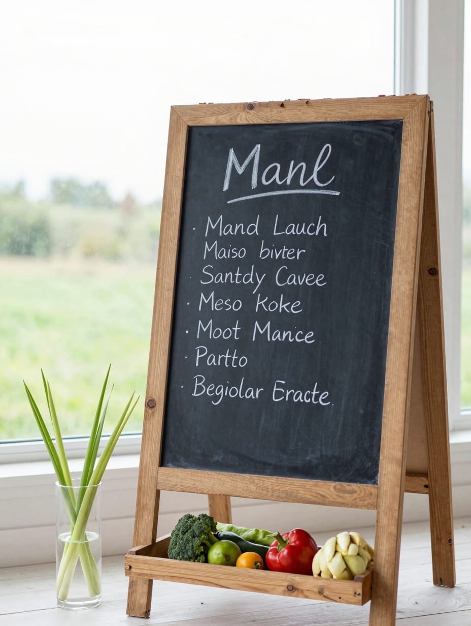 A large black chalkboard with a wooden frame standing next to an outdoor grill.