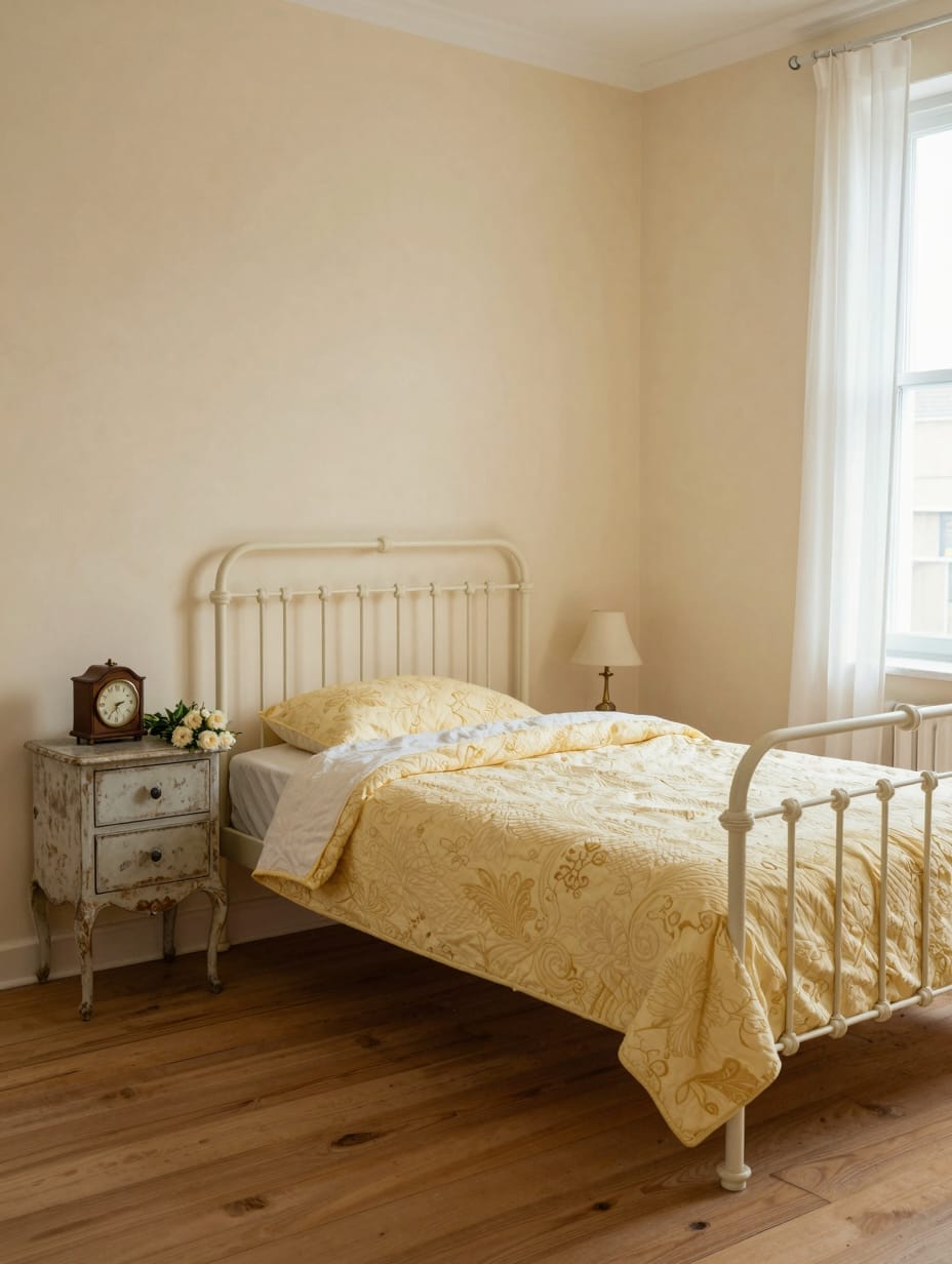 A vintage-style bedroom with antique furniture and butter yellow decorative elements.