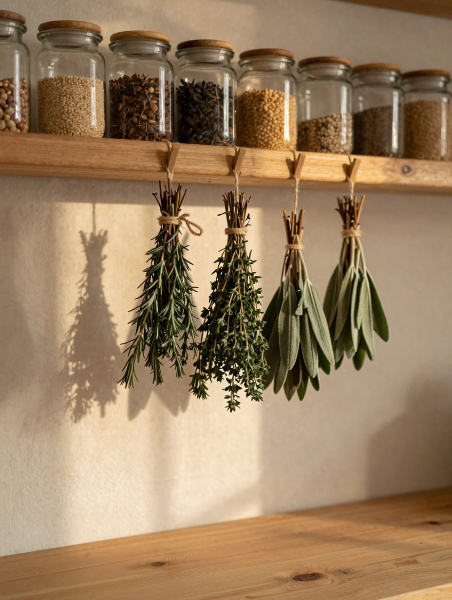 Rustic pantry corner with an herb-drying station, hanging bunches of rosemary and thyme.