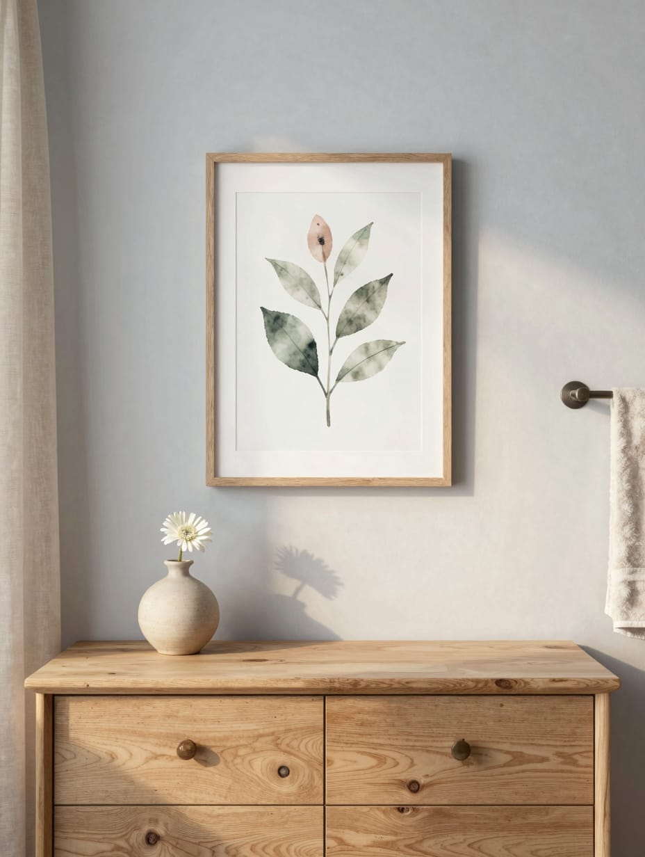 Small framed botanical art print hanging on a light-colored bathroom wall.